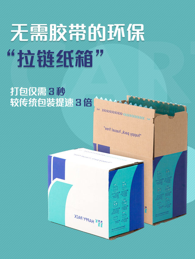 快乐包 · 无需胶带的环保“拉链纸箱” 打包仅需 3 秒   较传统包裝提速 3 倍